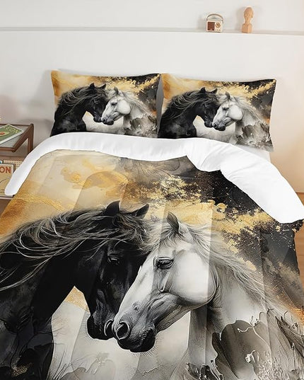 Black White Horses Comforter Set King Size,Golden Ink Painting Flora Bedding Set for Kids and Adults Bedroom Horse Decor,Wild Animal Theme Art Aesthetics Comforter Set with 2 Pillowcases.