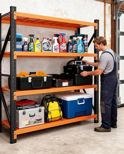 79" H Garage Shelving,4000LBS Heavy Duty Storage Rack,4 Tiers Metal Storage Rack Shelf, Adjustable Shelving Unit for Garage,Kitchen,Warehouse,Basement,78.7" H x 59" W x 19.6" D,Black&Orange