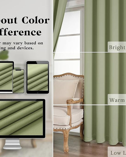 Simplebrand Sage Green Curtains for Bedroom Living Room 90 Inches Long 2 Panels Set, Room Darkening Thermal Insulated Curtains & Drapes, Solid Grommet Noise Reducing Window Treatment, W50 x L90 Inch