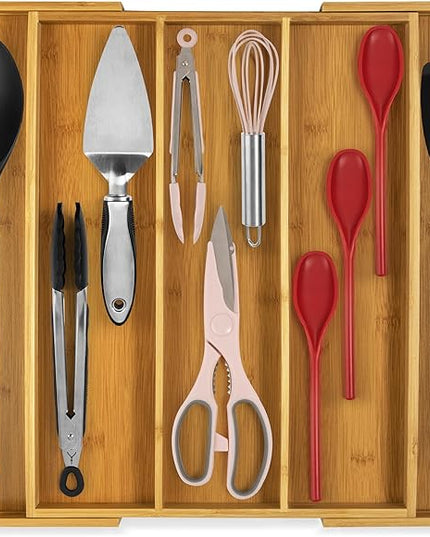 Purawood Kitchen Drawer Organizer - Expandable Utensil Drawer Organizer for Kitchen, Cutlery Tray & Silverware Organizer, 3-5 Slots - Bamboo Organizer for Utensils & Flatware (Natural)
