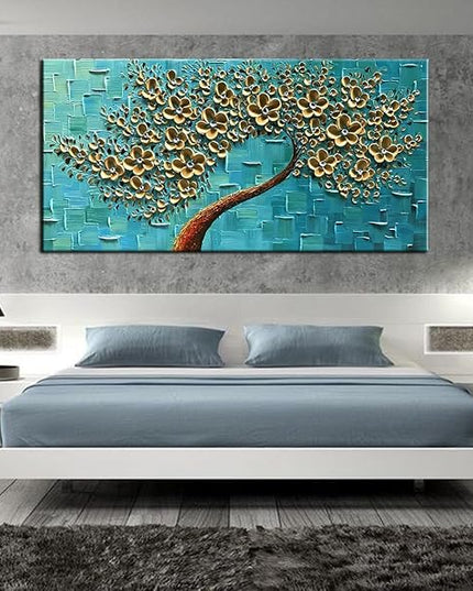 YaSheng Art - Handmade 3D Golden Flowers Artwork Oil Painting On Canvas Texture Palette Knife Flowers Tree Abstract Landscape Paintings Modern Home For Living Room Bedroom Decor Wall Art 20X40 inch