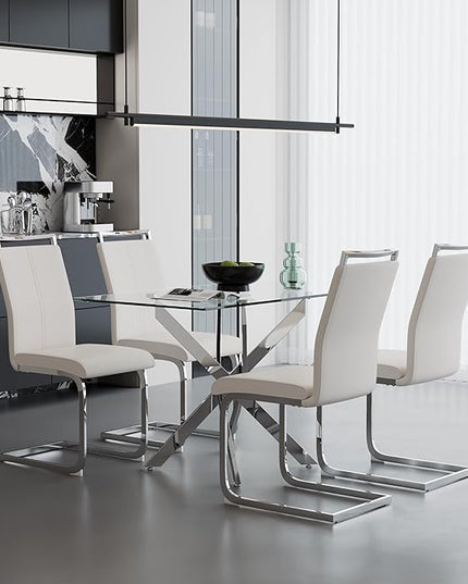 5 Piece Dining Table Table Set, Modern Tempered Glass Dining Table Set for 4 Kitchen Table Set with 4 Upholstered Chairs for Kitchen Dining Room (Sliver Table with White Chairs)