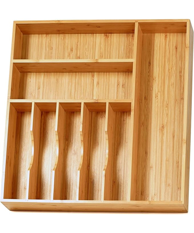 Umilife Large Kitchen Drawer Organizer, 19"x19" Silverware Utensils Organizer, 2.5" High for Large Deep Drawers, Bamboo Flatware Holder with Thick Frames, Sturdy Kitchen Organization Tray