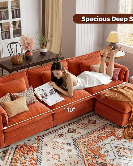 ELUCHANG Oversized 113" Modular Sectional Sofa, Comfy Cloud Couch, L Shaped Deep Seat Sofa Couches for Living Room, 4-Seater Modern Sofa with Movable Ottoman, DIY Combination - Chenille Terracotta