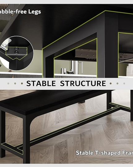iPormis 5-Piece Dining Table Set for 4-8 People, Extendable Kitchen Table Set with 2 Benches and 2 Square Stools, Mid-Century Dining Room Table with Metal Frame & MDF Board, Saving Space, Black