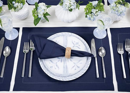 Solino Home Linen Placemats Set of 4 - Classic Hemstitch Navy Blue Placemats 14 x 19 Inch - 100% Pure Linen Table Mats for Christmas, Holiday, Winter, New Year