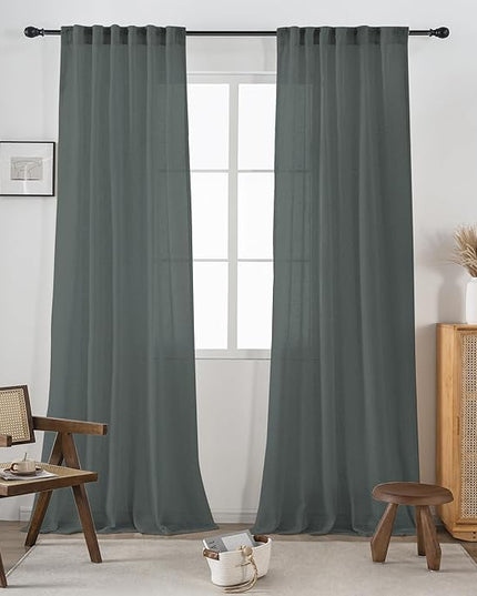 DUALIFE Grey Extra Long Sheer Linen Curtain Panels 108 Inches for Living Room Back Tab Rod Pocket Light Filtering Farmhouse Semi Sheer Linen Curtains for Large Tall Window, Gray 52x108 2 Panels