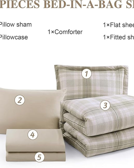 MaiRêve Plaid Twin XL Comforter Set, Khaki Green Grid Bedding Set for Boys & Girls, Classic Checkered Bed in A Bag Comforter Sets with Fitted & Flat Sheet, Pillowcase & Sham 66"x90"