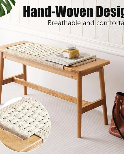 OGMILL 33.5" L Wood Dining Bench Indoor, 100% Natural Solid Oak Bed Bench Hand Woven Enterway Bench Small Bench for Dining Room, Bedroom, Kitchen (Creamy White)