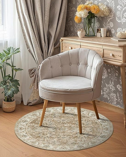 jinchan Fiora Round Rug 4ft Area Rug - Indoor Vintage Hallway Circle 4' Washable - Ultra-Thin Low Pile Soft Small Non Slip Distressed Floral Print for Living Room Dining Room Bedroom Entryway Taupe