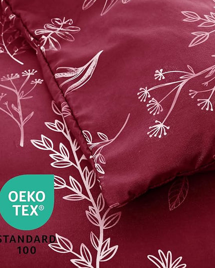 MUXHOMO Burgundy Bed in a Bag Queen 7 Pieces, Queen Comforter Set Reversible Botanical Flowers Design, Ultra Soft & Breathable Bedding Sets with Comforter, Sheets, Pillowcases & Shams