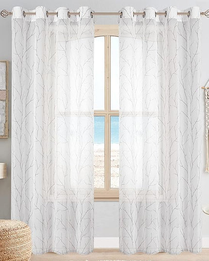 BUHUA White Sheer Curtains 108 Inch Long - Silver Foil Tree Branch Curtain 2 Panels, Semi-Sheer Window Curtains for Living Room, 52 x 108 Inch, 1 Pair, White