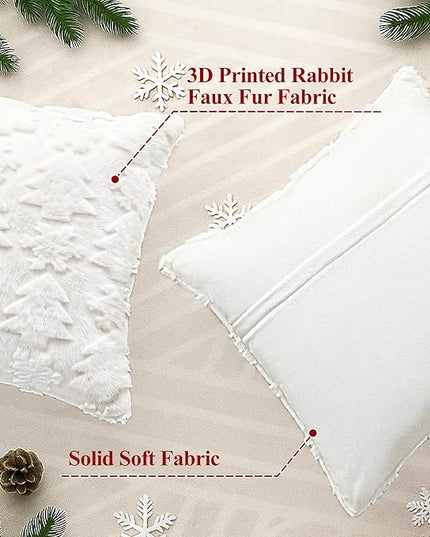 Touchat Christmas Pillow Covers 20x20, Soft Faux Rabbit Fur Throw Pillow Covers with 3D Embroidery Christmas Tree and Snowflake Design for Winter Holiday Home Decor, Couch Sofa Bedroom, White