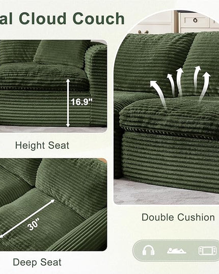 138” Modular Sectional Sofa Couches U Shaped Couch 4 Seater Cloud Sofa Memory Foam Sectional Couches for Living Room, Boneless Couch with Ottoman, Corduroy, Green