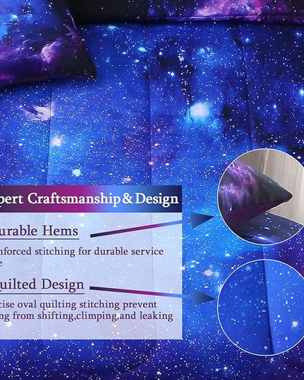 JQinHome Queen Galaxy Purple Comforter Sets Blanket,6 Piece Bed in A Bag 3D Outer Space Themed Bedding, All-Season Reversible Quilted Duvet, for Children Boy Girl Teen Kids(Blue Purple)