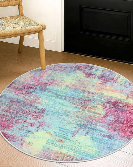 IOHOUZE Round Area Rug 3 Ft Circle Entryway Rugs Round Washable Door Mat Indoor Entrance, Non Slip Circle Front Door Rug, Printed Abstract Faux Wool Floor Carpet for Foyer Porch Sink, Pink Teal