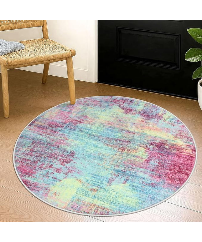 IOHOUZE Round Area Rug 3 Ft Circle Entryway Rugs Round Washable Door Mat Indoor Entrance, Non Slip Circle Front Door Rug, Printed Abstract Faux Wool Floor Carpet for Foyer Porch Sink, Pink Teal