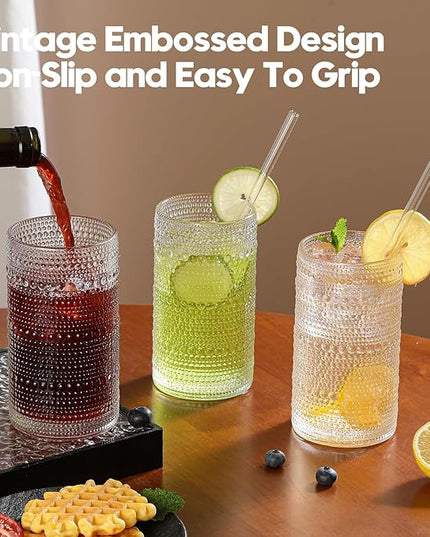Vintage Hobnail Drinking Glasses Set of 6, 16 oz Large Capacity Embossed Clear Tumblers, Highball Glasses for Water, Cocktail, Beer, Whiskey, Kitchen & Bar Use