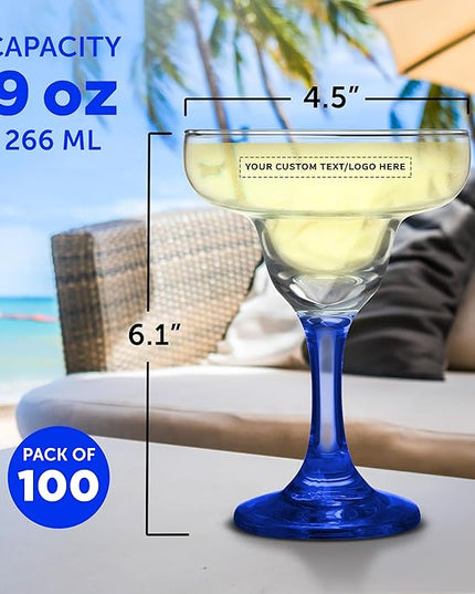 DISCOUNT PROMOS 100 Margarita Glasses Set, 9 oz. - Personalized Text, Logo - Classic, Smooth, Barware, Glassware - Blue