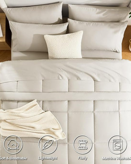 CozyLux Twin Comforter Set with Sheets Beige, 5 Pieces Bed in a Bag, Beige Comforter Twin Size, All Season Bedding Set with Stitch Quilted Comforter, Flat Sheet, Fitted Sheet, Pillowcases