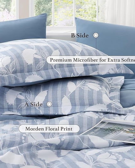 King Comforter Set -7 Pieces Blue Floral Comforter Set for All Seasons, Bed in a Bag King with Botanical Flowers Comforter, Sheets, Pillowcases & Shams