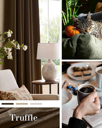 Lazzzy Dark Brown Velvet Blackout Curtains 90 Inches Long Thermal Insulated Blackout Curtain Drapes Luxury Back Tab Window Treatments for Bedroom Living Room 2 Panels, 52 x 90 Inch, Truffle