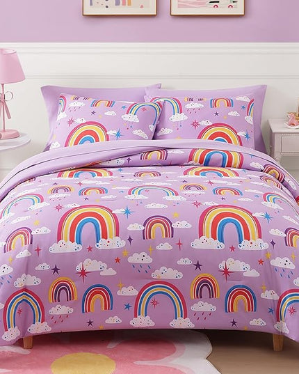 Full Size Comforter Set for Girls-7 Pieces Purple Rainbow Glow in The Dark Full Bedding Sets for Kids, Ultra Soft Bed in A Bag with Sheets