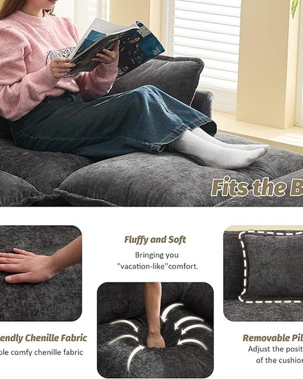 76'' Cloud Deep Seat Loveseat Sofa, Upholstered Chenille Modular 3-Seats Sectional Sofa Couch with Movable Ottoman, Modern Comfy Settee Loveseat for Living Room Set, Small Apartment, Dark Grey