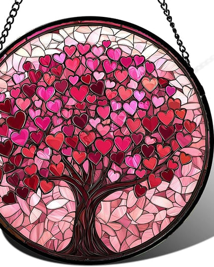 Stained Glass Window Hanging - DASTOLL, Birthday Gifts for Women Men Mom Dad, Pink Love Tree Suncatcher for Doors Window Home Sun Catchers Decor 7.8 in