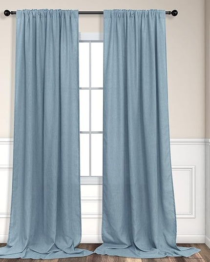 Blue Curtains 108 Inches Long For Living Room Dining 2 Panels Set Back Tab Pocket Farmhouse Linen Semi Sheer Blue Light Filtering Curtains for Bedroom Patio High Ceiling Balcony 9 FT Tall Stone Blue