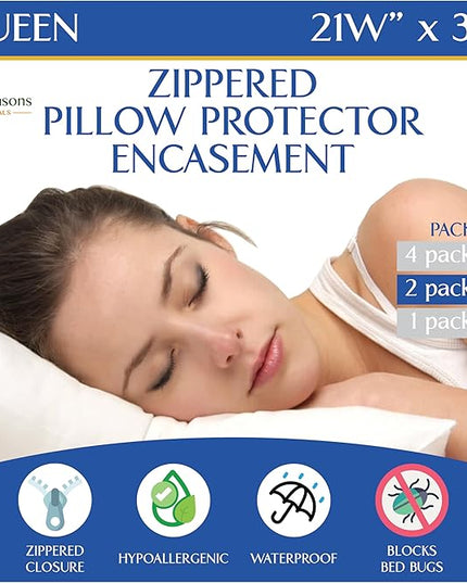 Queen Size Waterproof Pillow Protectors (Set of 2) – Zippered Hypoallergenic Pillowcase Cover Allergen Dust Proof Encasement
