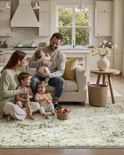 PADOOR-Vintage Area Rug 5X7 Rugs for Living Room-Soft Green Rugs for Bedroom-Machine Washable Rugs Non Slip Carpet-Rug for Dining Room Living Room Bedside Office