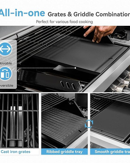 2 in 1 Propane Griddle Grill Combo, 6-Burner Propane Gas BBQ Combo Grill with Porcelain-Enameled Cast Iron Grates & Plate, 42,000 BTU with Side Stove for Outdoor Cooking Camping Patio Backyard
