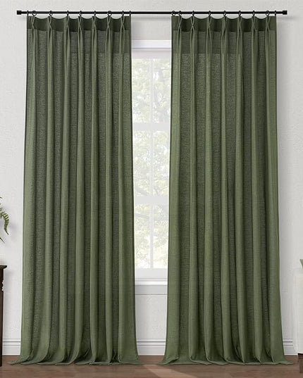 Olive Green Linen Curtains 84 Inches Long for Living Room,Pinch Pleated Drape with Hooks Back Tab Light Filtering Boho Spring Home Decor, Forest/Hunter Green Sheer Curtains 84 Inch Length for Bedroom