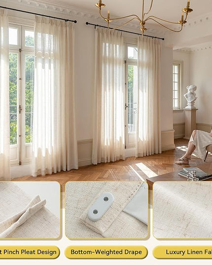 Pinch Pleated Linen Curtains 102 Inches Long - Light Filtering Curtains for Living Room, Semi Sheer Window Curtains for Bedroom, Luxury Pinch Pleated Drapes with Hooks and Rings, Natural, 2 Panels Set