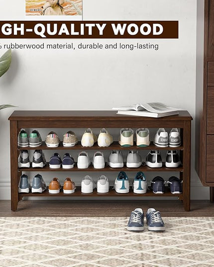 Shoe Bench Storage Rubberwood with Leather Cushion for Entryway Bench Ideal for Hallways Shoe Rack Front Doors Entrances Mudrooms Featuring 3 Height-Adjustable and Removable Shelves