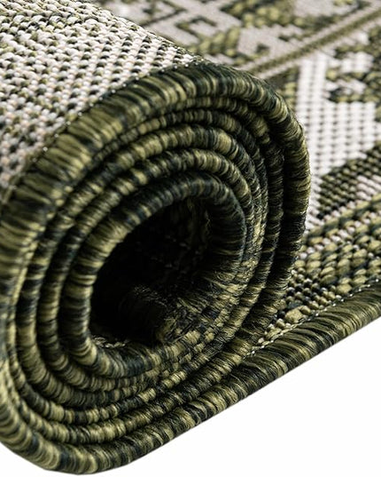 Rugs.com Outdoor Aztec Collection Rug – 13 Ft Round Green Flatweave-Pile Rug Perfect for Kitchens, Dining Rooms