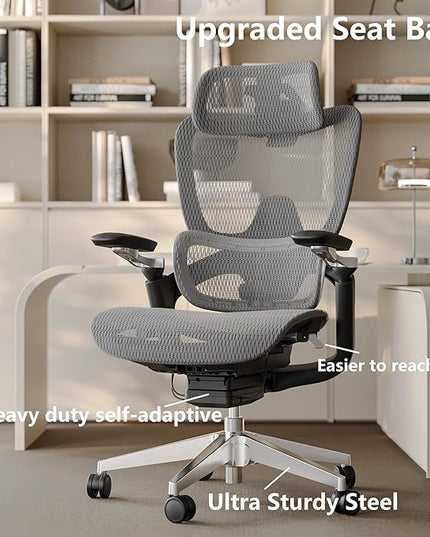 Ergonomic Office Chair with Adjustable 3D Lumbar Support, Big and Tall Mesh Home Desk Chair 5D Armrests, Executive Chair with 4D Headrest, 90-130°Tilt, BIFMA Certified, Model Zen (Grey)