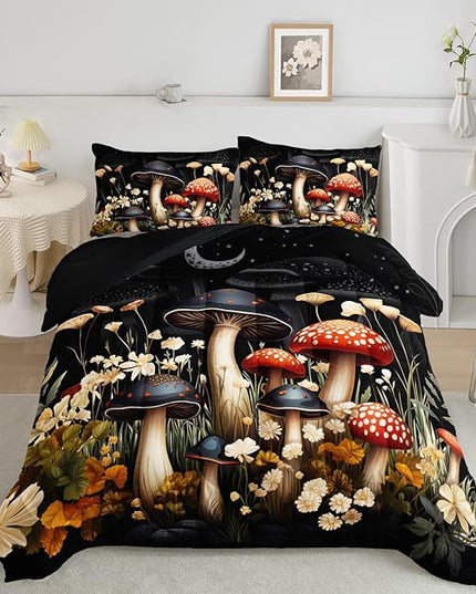AILONEN Red and Black Mushroom Bedding Queen Size,Cartoon Mushroom Boho Comforter Set,Plant Fungus Flower Starry Moon Comforter with 2 Pillowcases for Boys Girls Kids,3 Pieces