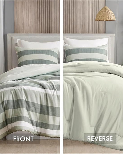 King Comforter Set, 3 Pieces Striped Bed Set, Soft Brushed Microfiber Reversible Bedding Set for All Season, Lightweight & Breathable Bedding Set with Comforter & Shams, Sage Green