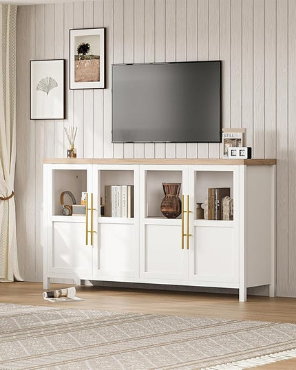 Sideboard Buffet Cabinet, 55" Large Modern Farmhouse Storage Cabinet Table with 4 Glass Doors and Shelves, Multi-Room Use for Kitchen, Dining Room, Living Room, and Hallway