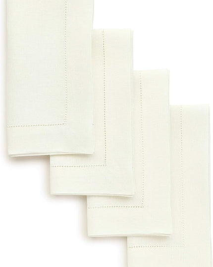 Solino Home Ivory Linen Napkins Set of 4-100% Pure Linen Hemstitch Dinner Napkins 20 x 20 Inch for Christmas, Holiday, New Year - Classic Hemstitch