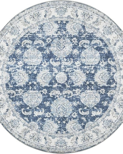 jinchan Fiora Round Rug 4ft Area Rug - Indoor Vintage Hallway Circle 4' Washable - Ultra-Thin Low Pile Soft Small Non Slip Distressed Floral Print for Living Room Bedroom Entryway Dark Blue
