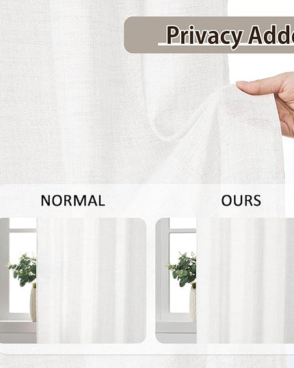 White Linen Pinch Pleated Semi Sheer Curtains 2 Panels 45 Inches Long, Back Tab with Hooks, Window Treatment Curtains for Bedroom Cabin 42 Inch Wide