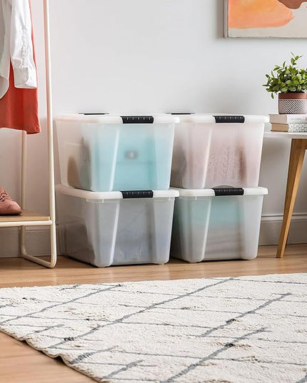 IRIS USA 40 Qt Stackable Plastic Storage Bins with Lids, 4 Pack - BPA-Free, Made in USA - Discreet Organizing Solution, Latches, Durable Nestable Containers, Secure Pull Handle - Pearl