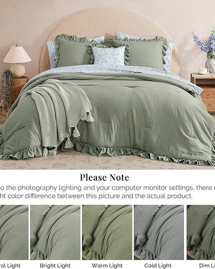 Full Comforter Set - 7 Pieces Ruffle Sage Green Bedding Sets, Shabby Chic Farmhouse Bed in a Bag Full with Ruffle Comforter, Floral Sheets, Pillowcases & Shams