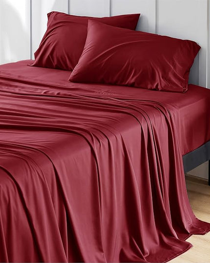 Bedsure Full Size Bed Sheets, Cooling Sheets, Rayon Derived from Bamboo, Breathable & Soft, Deep Pocket Up to 16 Inches, Hotel Luxury Silky Bedding for Hot Sleepers, Burgundy