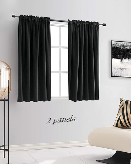 DONREN 48 Inch Length Short Curtains for Kitchen - Small Window Treatment Rod Pocket Blackout Curtain Drapes (1 Pair,Black,52 Inches Wide by 48 Inches Long)