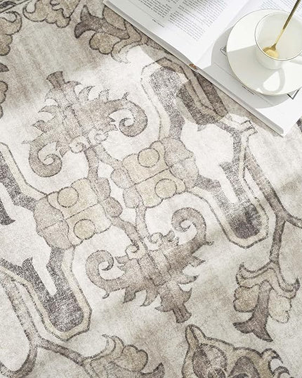 jinchan Round Rug 5ft Area Rug Indoor Vintage Floral Circle 5' Washable Ultra-Thin Low Pile Soft Small Non Slip Distressed Print for Living Room Dining Room Bedroom Entryway Taupe