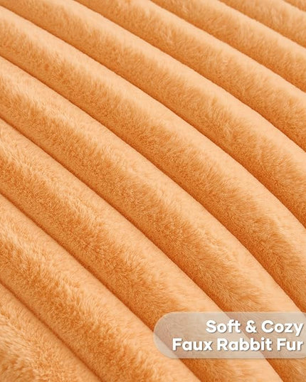 FUTEI Orange Throw Pillow Covers Set of 2, 26x26 Inch Striped Texture Euro Pillow Shams with Soft Faux Rabbit Fur Front & Velvet Back, Modern Decorative Couch Pillows for Living Room